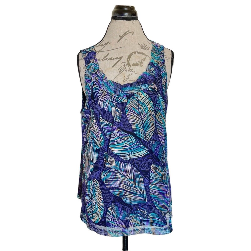 Rafaella Womens Blouse Size Large Mesh Artsy Print Sleeveless Work Wear Office